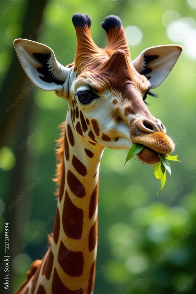 Obraz premium Giraffe with spotted neck and leaves in mouth, green, nursery
