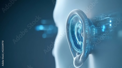 Futuristic ear technology, seamless integration of biology and circuitry in a man's