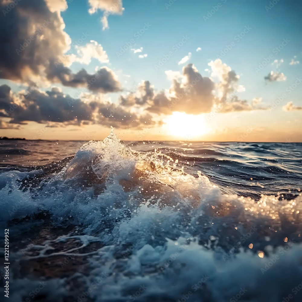 Fototapeta premium Sea wave and sun at sunset. Nature composition. Toned.
