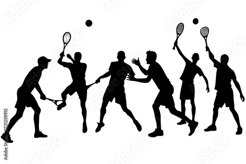 Tennis match silhouette scene with men players playing across net scene