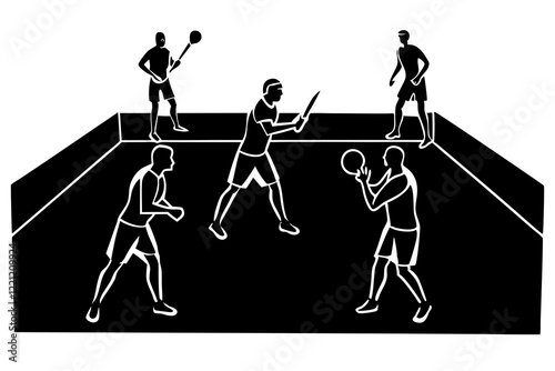 Tennis match silhouette scene with men players playing across net scene