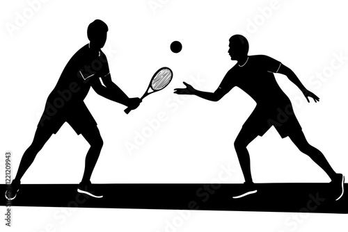 Tennis match silhouette scene with men players playing across net scene