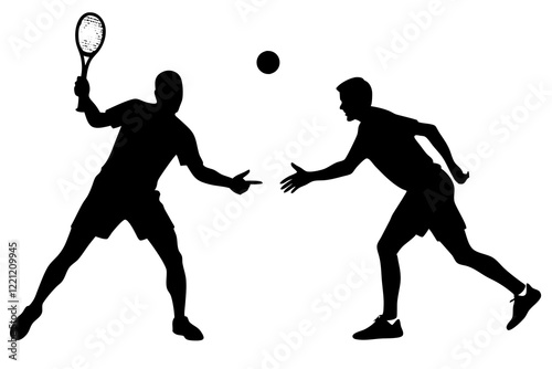 Tennis match silhouette scene with men players playing across net scene