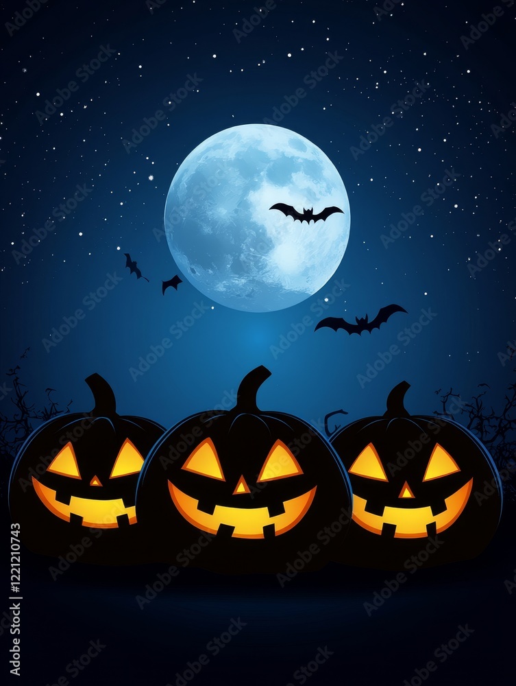 Spooky Halloween Night Pumpkins - Three jack-o'-lanterns glow under a full moon on a dark Halloween night, bats fly overhead. Spooky Halloween Night Pumpkins - Three jack-o'-lanterns glow under a full moon on a dark Halloween night, bats fly overhead.