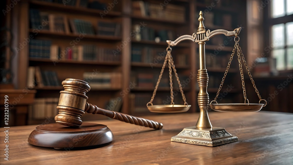 Wooden Gavel and Scales of Justice on Table Representing Legal Authority and Justice System Wooden Gavel and Scales of Justice on Table Representing Legal Authority and Justice System