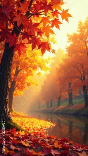 Illustration of autumn leaves changing colors with warm sunlight , leaves, trees