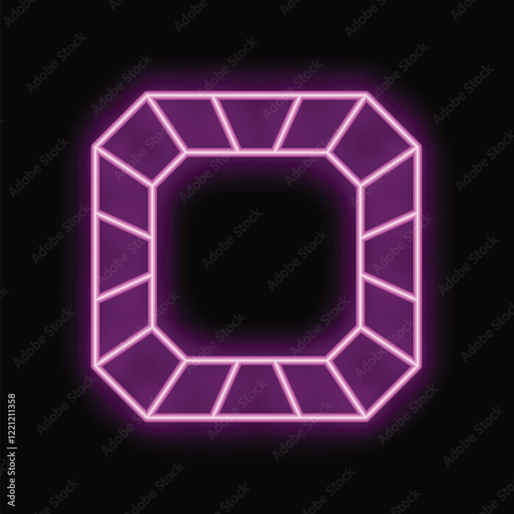 Fototapeta premium Neon pink glowing emerald cut diamond frame is on a black background