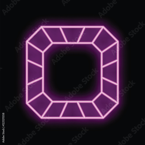 Neon pink glowing emerald cut diamond frame is on a black background