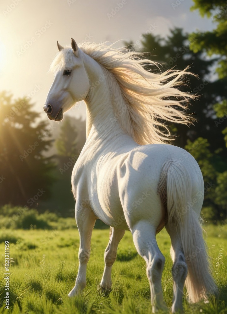 Majestic white stallion with a flowing mane and tail, standing in a lush green meadow under a bright sun, equine, white unicorn Majestic white stallion with a flowing mane and tail, standing in a lush green meadow under a bright sun, equine, white unicorn