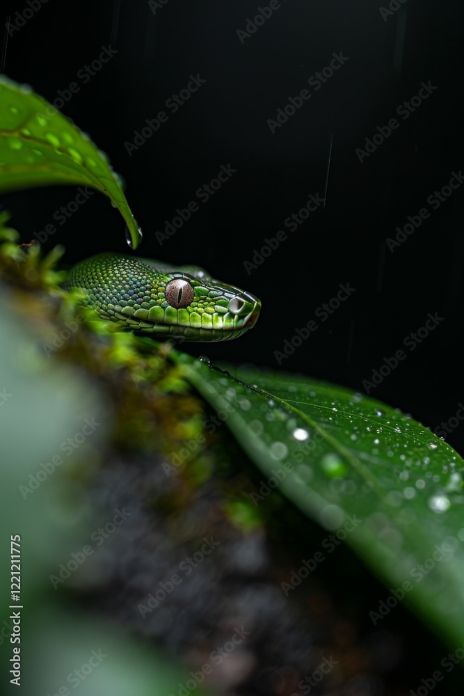 Green Tree Python in Rainforest: A striking green tree python coiled on a mossy branch, blending perfectly into its surroundings. Reptile. Wildlife. Snakes. Green Tree Python in Rainforest: A striking green tree python coiled on a mossy branch, blending perfectly into its surroundings. Reptile. Wildlife. Snakes.