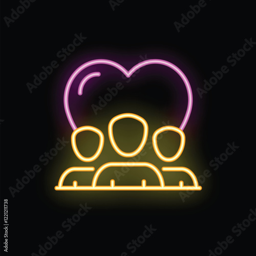 Neon sign of a group of friends or colleagues standing together under a large bright heart