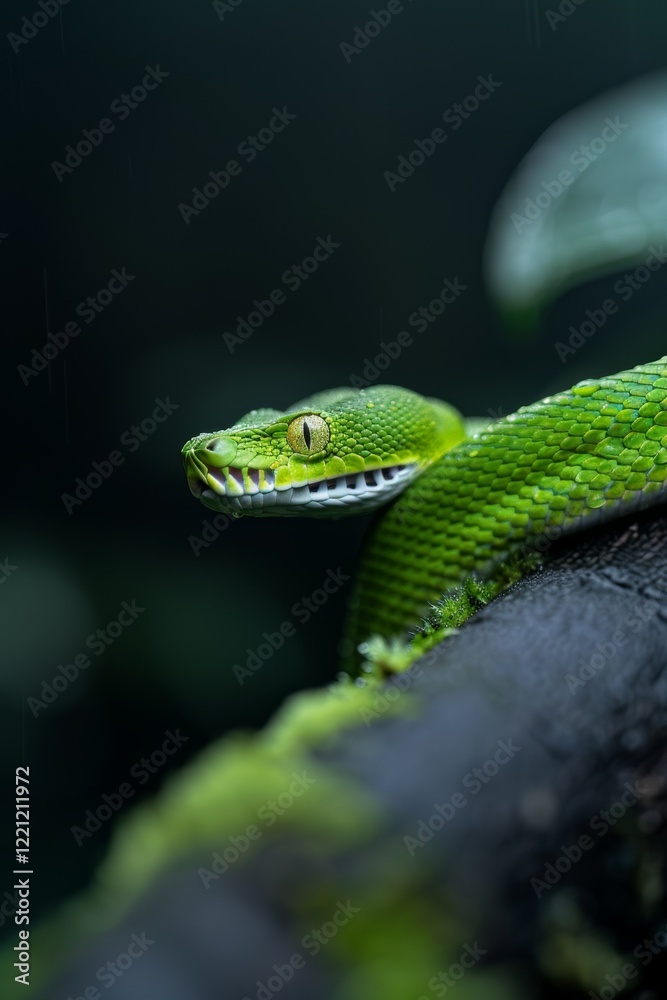 Fototapeta premium Green Tree Python in Rainforest: A striking green tree python coiled on a mossy branch, blending perfectly into its surroundings. Reptile. Wildlife. Snakes.