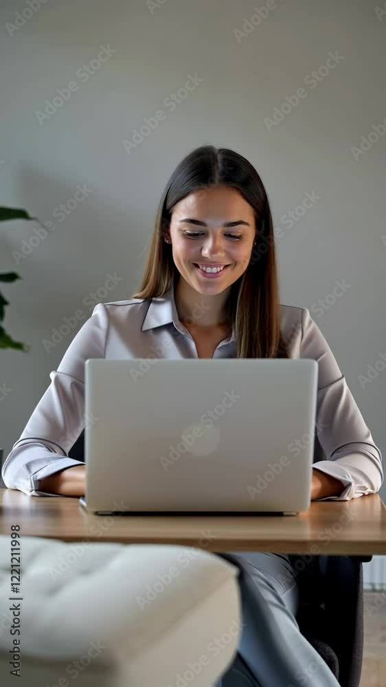 Young professional woman working on her laptop from home, enjoying a productive and comfortable workspace. Concept of remote work and telecommuting. Young professional woman working on her laptop from home, enjoying a productive and comfortable workspace. Concept of remote work and telecommuting.
