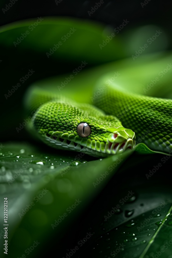Green Tree Python in Rainforest: A striking green tree python coiled on a mossy branch, blending perfectly into its surroundings. Reptile. Wildlife. Snakes. Green Tree Python in Rainforest: A striking green tree python coiled on a mossy branch, blending perfectly into its surroundings. Reptile. Wildlife. Snakes.