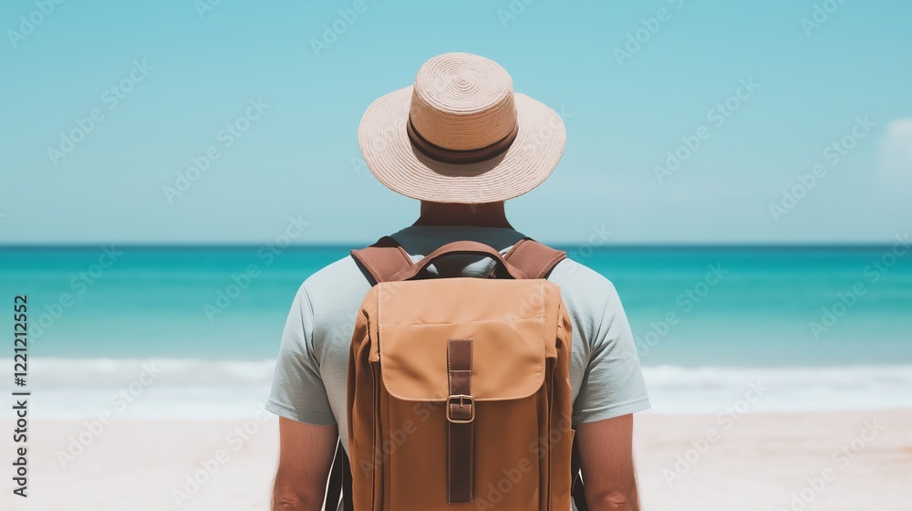 Fototapeta premium A traveler stands at the beach, gazing at the serene ocean. The scene captures the essence of adventure, relaxation, and exploration, inviting viewers to discover new places.