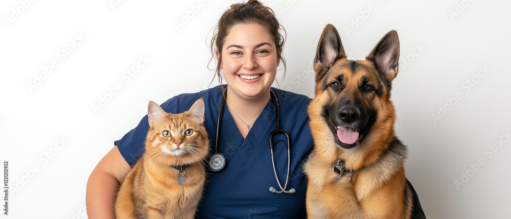 Obraz premium A veterinary professional smiling while holding a cat and a dog, showcasing a warm bond between humans and pets, highlighting care and compassion in animal health.