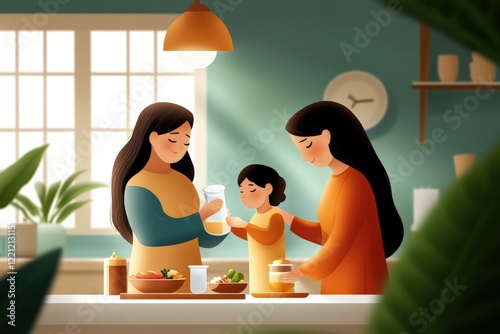 parents reminding children to drink water before fasting, suhoor table filled with light food and small cups, calm pre-dawn kitchen setting 