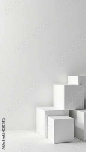 Randomly arranged white cube boxes on a clean and simple background  adding texture to the space  abstract shapes  creative decor idea