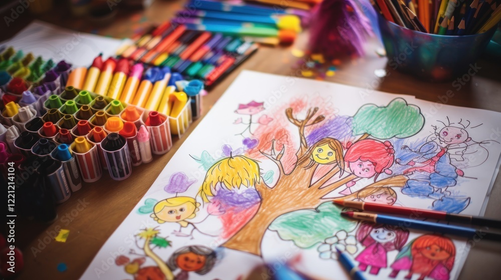 Obraz premium children's drawing and pencils on the table