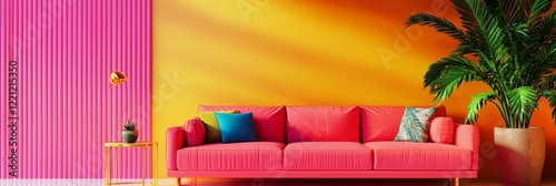 Vibrant Living Room Interior Design - Modern coral sofa with teal and tropical patterned pillows, against a bright pink wall and sunny orange wall.  Stylish home decor. photo