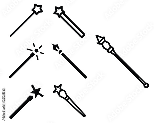 Collection of magical wand silhouettes featuring star designs and enchanting details. Perfect for fantasy-themed projects, wizardry icons, game assets, or mystical illustrations.