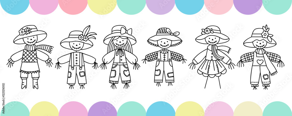 Φωτογραφία Cute scarecrow illustrations in line art, black and white outlines of whimsical scarecrows in hats and outfits, cute farm characters