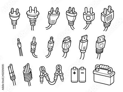 Electric plugs, connectors, and batteries line art illustration, clean outline and minimal style for product catalogs, technical documentation.