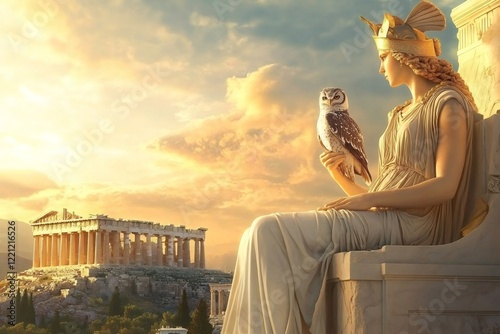 Marble Athena statue perching on throne, gripping sacred owl, overlooking golden-lit Parthenon during Athenian sunset moments