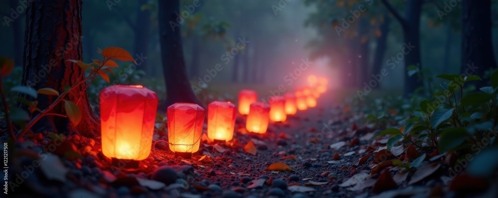Fototapeta premium Flickering lanterns on a misty trail, lanterns, flickering