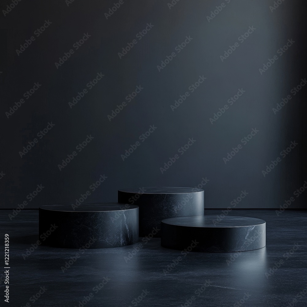 3d render of black geometric podiums on dark background with copy space for text. 3d render of black geometric podiums on dark background with copy space for text.