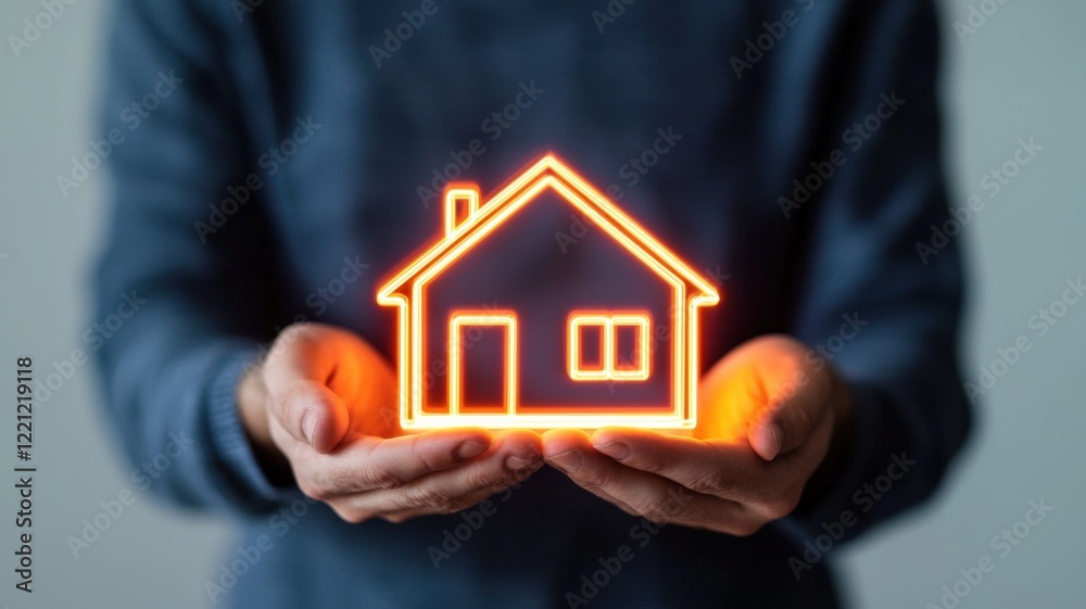 energy efficiency carbon optimization concept. A person holds a glowing house icon, symbolizing home ownership and real estate investment. energy efficiency carbon optimization concept. A person holds a glowing house icon, symbolizing home ownership and real estate investment.