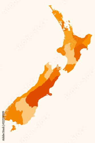 Map of New Zealand with regions. A simple country border map with region division. Orange color palette. Plain New Zealand shape with administrative division. Vector illustration.