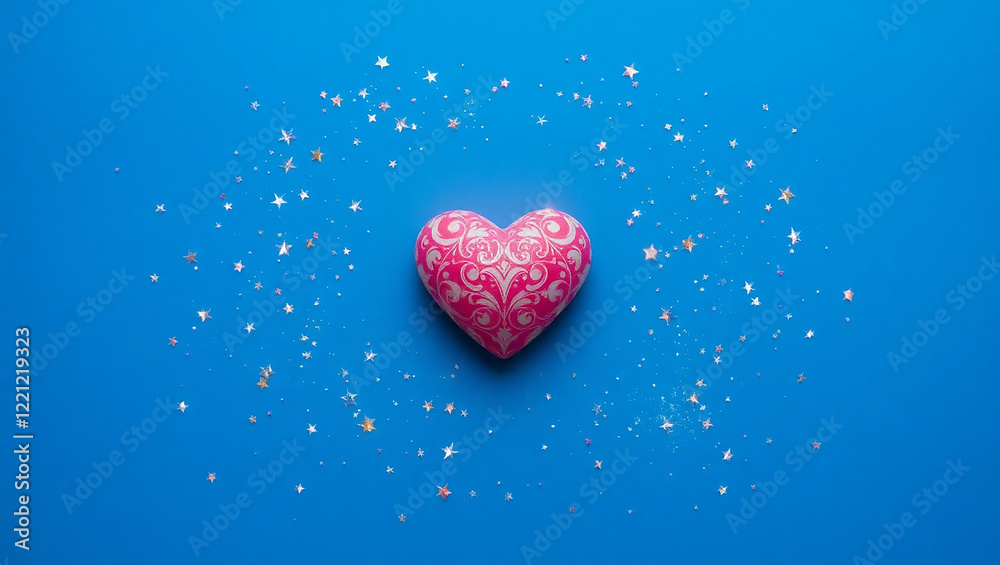 Obraz premium heart fabric with white threads on a blue background Love, romance concept. Felt bright hearts with embroidered lines.