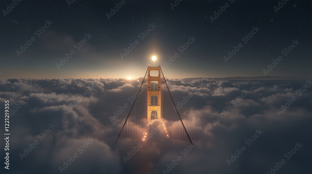 Golden Gate Bridge Illuminated in Mystical Night Sky