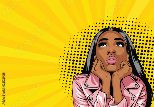 Vector retro pop art style illustration of a boring woman's face. African American woman looks up thoughtfully