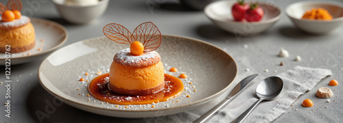 Delicious papanasi dessert with fruit sauce on a minimalistic table, culinary artistry photo