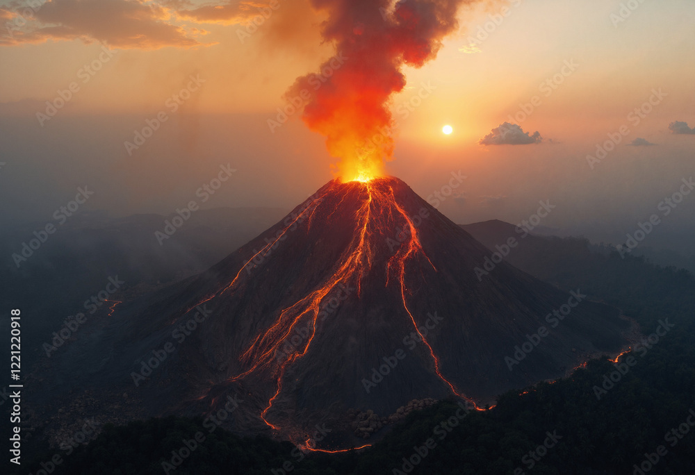 Volcanic eruption at sunset with lava flows and ash plume, a stunning display of geological activity Volcanic eruption at sunset with lava flows and ash plume, a stunning display of geological activity