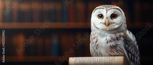 A wise owl perched gracefully on a book, surrounded by a backdrop of old library shelves, symbolizing knowledge and wisdom in a serene environment. photo