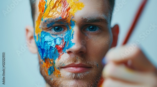 A male artist with a colorful painted face holds a paintbrush, showcasing an expressive and creative moment. photo