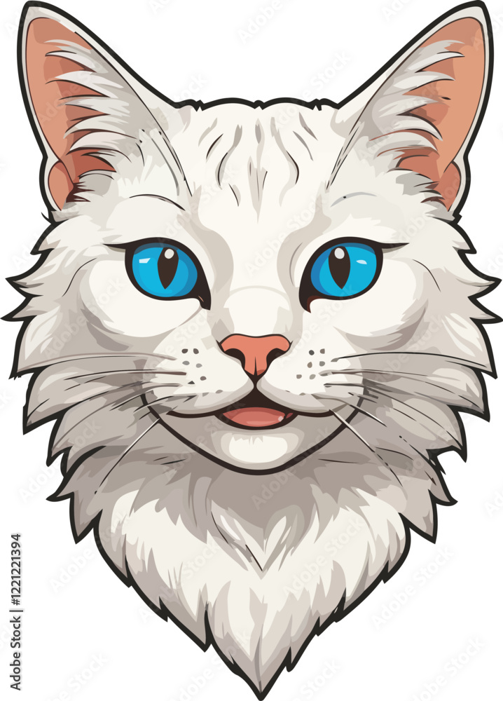 White Aegean cat head with blue Eyes and looking angry White Aegean cat head with blue Eyes and looking angry
