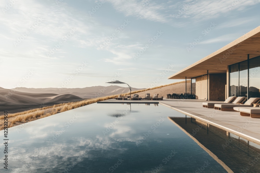 Modern Architectural Marvel: Luxury Villa with Infinity Pool Offering Stunning Mountain Views Under a Clear Sky. Modern Architectural Marvel: Luxury Villa with Infinity Pool Offering Stunning Mountain Views Under a Clear Sky.