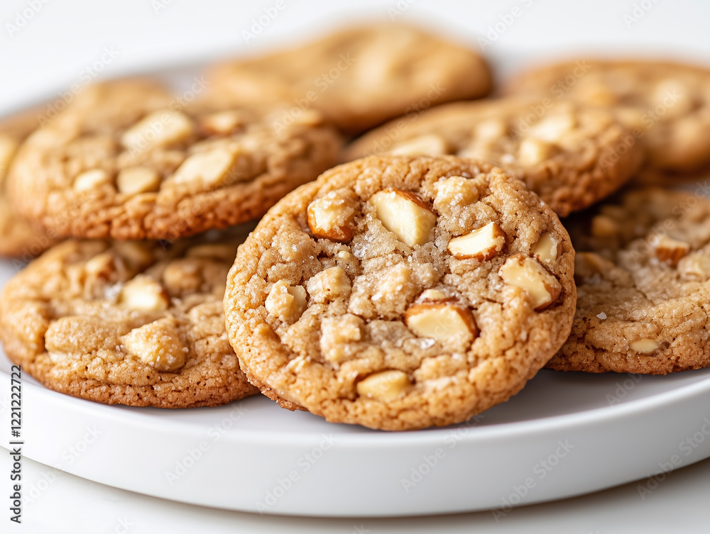 Close-up of crisp almond cookies on a white plate with soft natural light and clean background. Close-up of crisp almond cookies on a white plate with soft natural light and clean background.