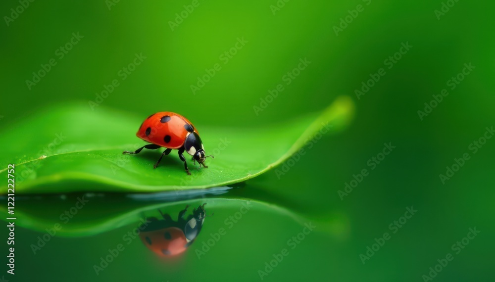 Tiny ladybug perched on a lush green leaf, mirrored in the water below , bright, surface, insect Tiny ladybug perched on a lush green leaf, mirrored in the water below , bright, surface, insect