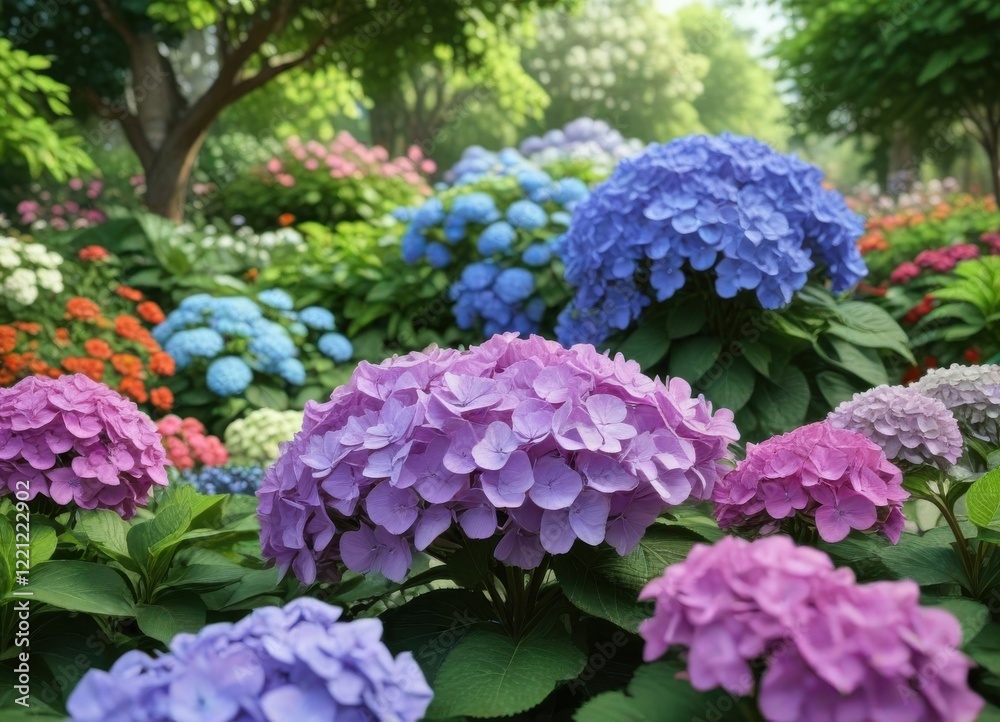 Hydrangea flower blooms in garden among lush greenery and colorful flowers , garden decor, spring Hydrangea flower blooms in garden among lush greenery and colorful flowers , garden decor, spring