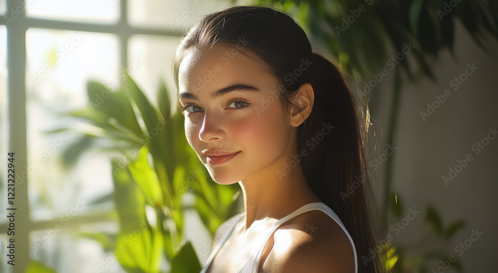 Young woman with delicate features poses gracefully near bright window surrounded by lush greenery Young woman with delicate features poses gracefully near bright window surrounded by lush greenery