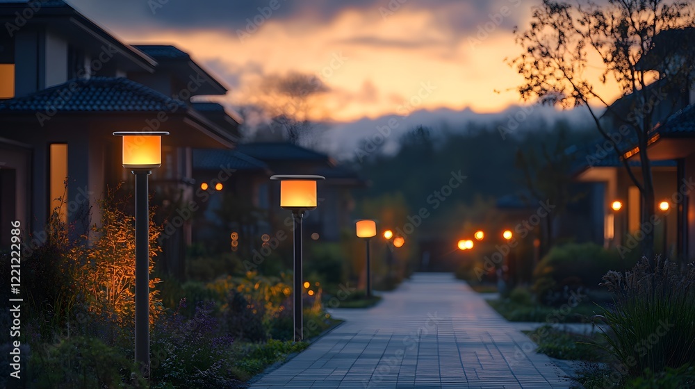 Obraz premium Modern Pathway with Solar-Powered Garden Lights at Sunset