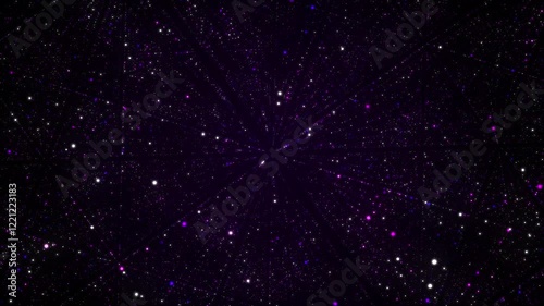 Abstract dust particles with blue light on dark infinity background. Science space backdrop with moving glittering dots. Flying particles with effect bokeh. 3d rendering.