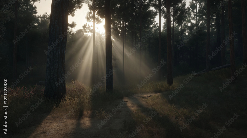 Fototapeta premium Golden rays of sunlight breaking through a forest of tall pine trees at dawn.