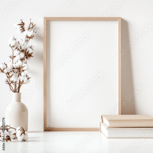Blank frame mockup with cotton and books.