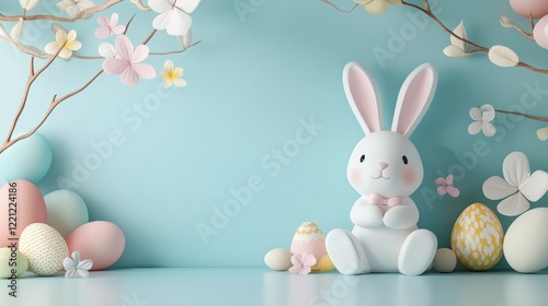 Easter bunny among colorful eggs and flowers composition background